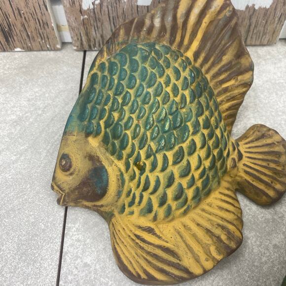 Chalk Art? Fish Set of 3 Wall Art Artisan Spirit Mexico 6”-8” Green Brown Yellow - Picture 2 of 12
